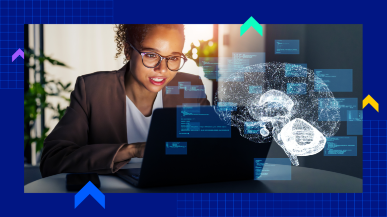 A woman working with AI at her work computer